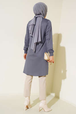 Düğme Detay Uzun Basic Tunik Gri - Thumbnail