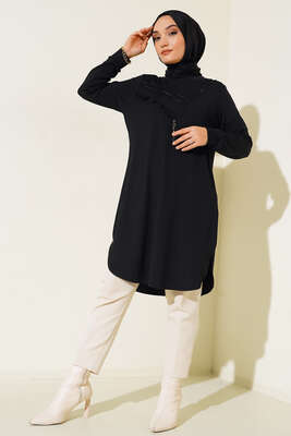 Fırfırlı Taş Süslemeli Tunik Siyah - Thumbnail