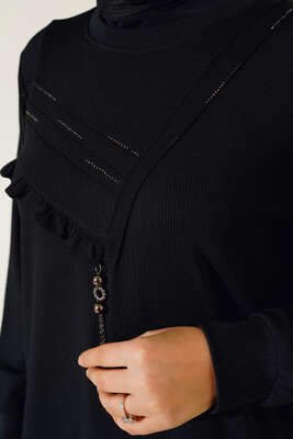 Fırfırlı Taş Süslemeli Tunik Siyah - Thumbnail