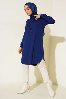 Fırfırlı Taş Süslemeli Tunik İndigo - Thumbnail