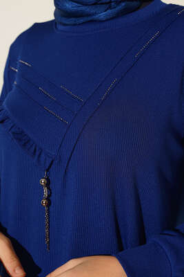 Fırfırlı Taş Süslemeli Tunik İndigo - Thumbnail