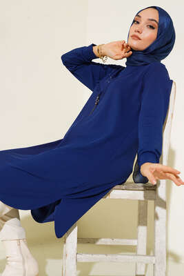 Fırfırlı Taş Süslemeli Tunik İndigo - Thumbnail