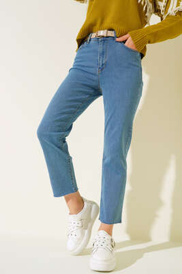 Pazarium - Boru Paça Sökük Jean Pantolon Açık Mavi