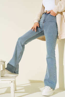 Yüksek Bel İspanyol Paça Pantolon Kar Yıkama - Thumbnail