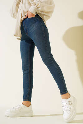 Yüksek Bel Dar Paça Kot Pantolon Mavi - Thumbnail