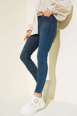 Yüksek Bel Dar Paça Kot Pantolon Mavi - Thumbnail