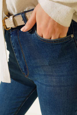 Yüksek Bel Dar Paça Kot Pantolon Mavi - Thumbnail