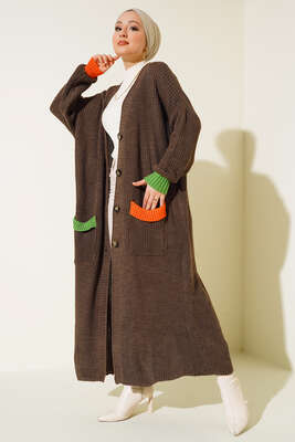 Renk Detaylı Salaş Kahve Hırka - Thumbnail