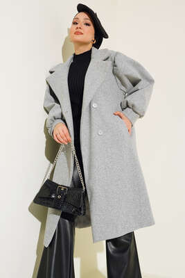 Balon Kol Düğmeli Kaşe Kaban Gri - Thumbnail