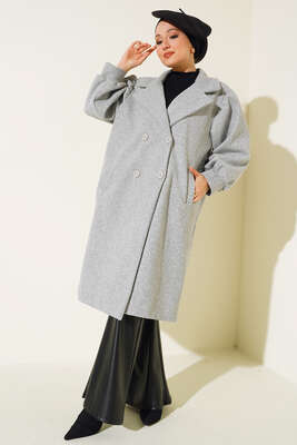 Balon Kol Düğmeli Kaşe Kaban Gri - Thumbnail