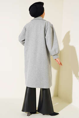 Balon Kol Düğmeli Kaşe Kaban Gri - Thumbnail