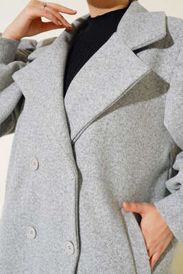 Balon Kol Düğmeli Kaşe Kaban Gri - Thumbnail