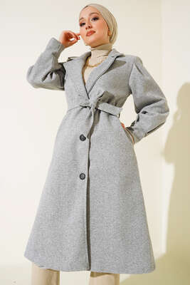 Pazarium - Balon Kollu Uzun Model Melanj Gri Kaşe Kaban