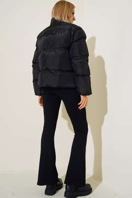 Dik Yaka Kısa Şişme Mont Siyah - Thumbnail