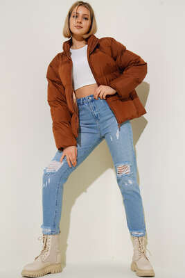 Dik Yaka Kısa Şişme Mont Kiremit - Thumbnail