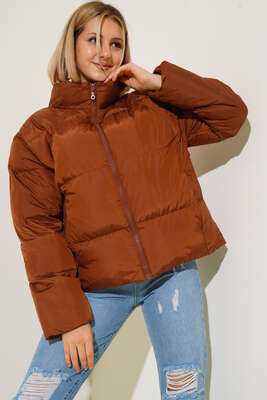 Dik Yaka Kısa Şişme Mont Kiremit - Thumbnail