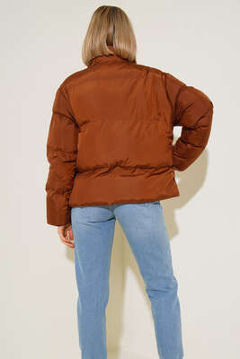 Dik Yaka Kısa Şişme Mont Kiremit - Thumbnail