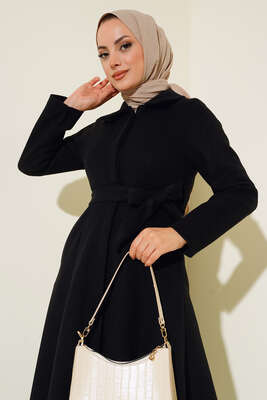 Çan Kesim Düğmeli Kaşe Kaban Siyah - Thumbnail