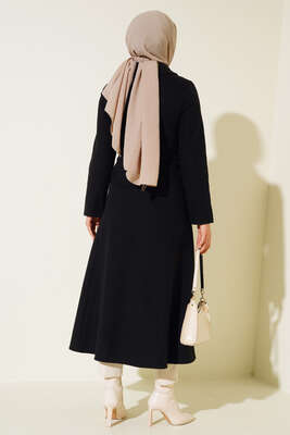 Çan Kesim Düğmeli Kaşe Kaban Siyah - Thumbnail