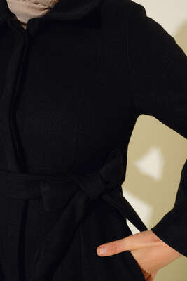 Çan Kesim Düğmeli Kaşe Kaban Siyah - Thumbnail