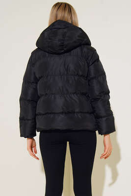 Kapüşonlu Kısa Şişme Mont Siyah - Thumbnail