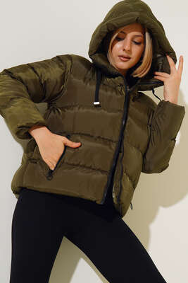 Kapüşonlu Kısa Şişme Mont Haki - Thumbnail