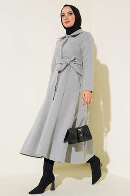 Çan Kesim Düğmeli Kaşe Kaban Gri - Thumbnail