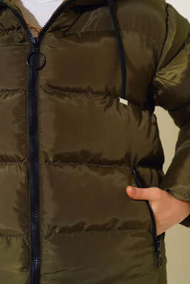 Kapüşonlu Kısa Şişme Mont Haki - Thumbnail