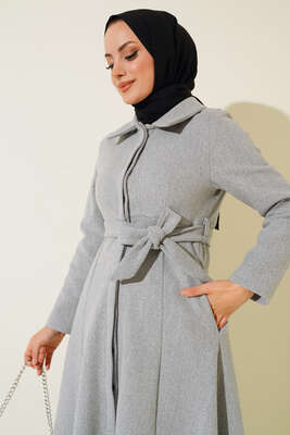 Çan Kesim Düğmeli Kaşe Kaban Gri - Thumbnail