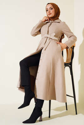 Çan Kesim Düğmeli Kaşe Kaban Bej - Thumbnail