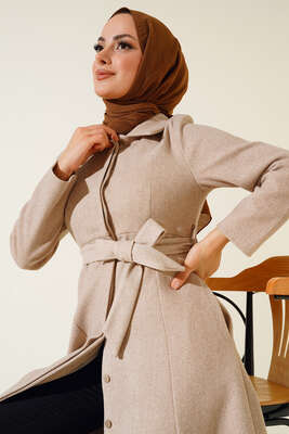 Çan Kesim Düğmeli Kaşe Kaban Bej - Thumbnail