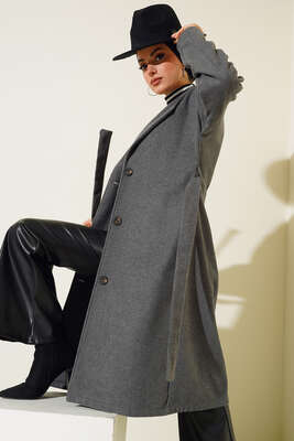 Üç Düğmeli Kaşe Kaban Füme - Thumbnail