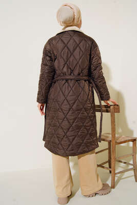 Yakası Kürklü Kapitone Mont Kahve - Thumbnail