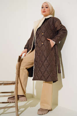 Yakası Kürklü Kapitone Mont Kahve - Thumbnail