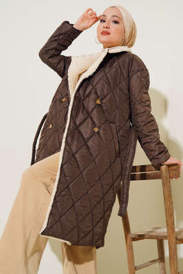 Yakası Kürklü Kapitone Mont Kahve - Thumbnail