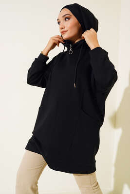 Dik Yaka Fermuarlı Tunik Siyah - Thumbnail