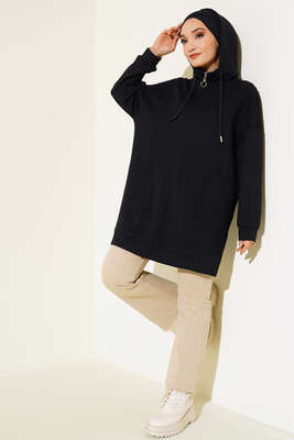 Dik Yaka Fermuarlı Tunik Siyah - Thumbnail