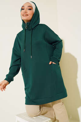 Dik Yaka Fermuarlı Tunik Zümrüt Yeşili - Thumbnail