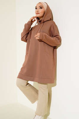 Dik Yaka Fermuarlı Tunik Latte - Thumbnail