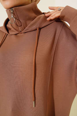 Dik Yaka Fermuarlı Tunik Latte - Thumbnail