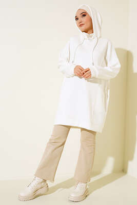 Dik Yaka Fermuarlı Tunik Ekru - Thumbnail