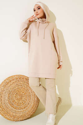 Dik Yaka Fermuarlı Tunik Bej - Thumbnail