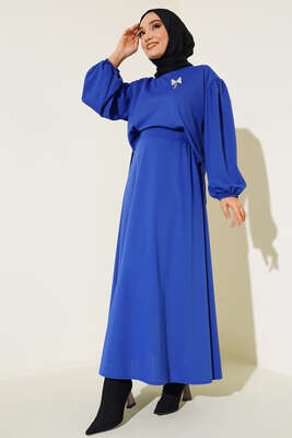 Broş Detaylı Etekli İkili Takım Saks - Thumbnail