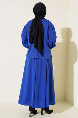 Broş Detaylı Etekli İkili Takım Saks - Thumbnail