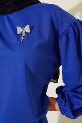 Broş Detaylı Etekli İkili Takım Saks - Thumbnail