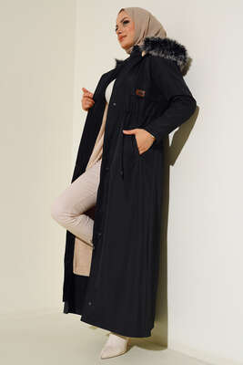 Armalı İçi Kürklü Uzun Mont Siyah - Thumbnail