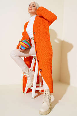 Pazarium - Boydan Düğmeli Sepet Örgü Uzun Hırka Oranj