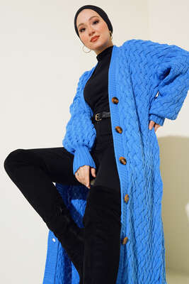 Pazarium - Boydan Düğmeli Sepet Örgü Uzun Hırka Mavi