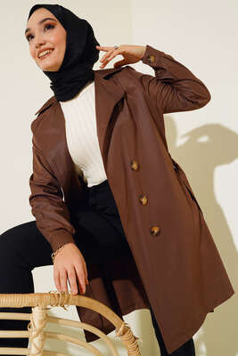 Üç Düğmeli Kuşaklı Trençkot Kahve - Thumbnail