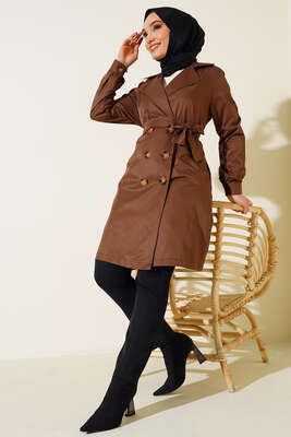 Üç Düğmeli Kuşaklı Trençkot Kahve - Thumbnail